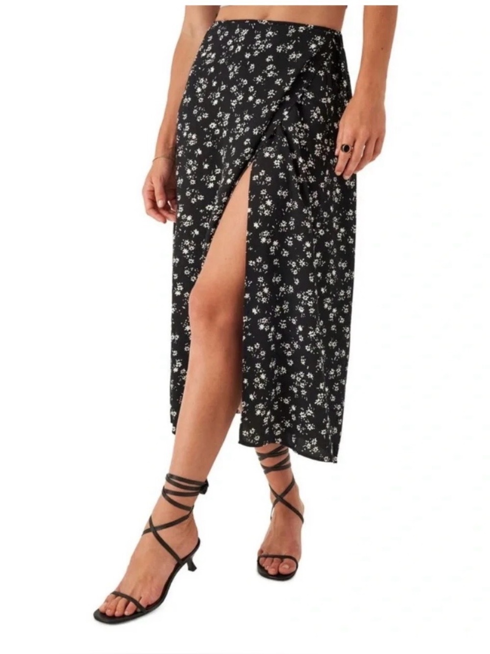 Reformation Floral Wrap Midi Skirt Tie - High Slit Black Size 6